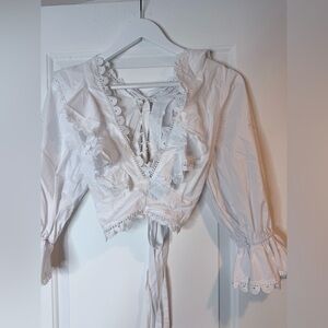 Olivaceous White Ruffle Lace Blouse With Lace up Back 💕